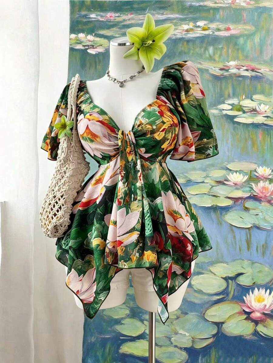 Flirla Plus Size Women's Summer Beach Vacation Lotus Flower Print Sweetheart Neck Flutter Sleeve Babydoll Top - Multicolor - View 1