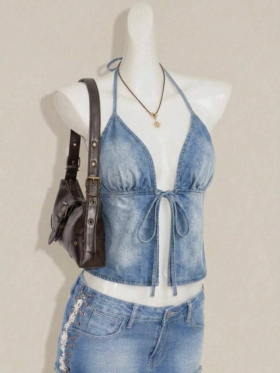 SHEIN ICON 女款露背掛脖牛仔上衣,夏季,百搭,淺藍色,度假,派對,節慶,假日,通勤,優雅,Y2K,日常 - 藍色 - 查看 1