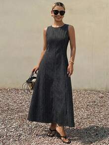 Livesso Women's Vintage Washed Dark Grey Striped Waist Splice Casual Vacation Minimalist Beach City Break Elegant Commute Loose Straight Midi Denim Dress, - Grey - View 6