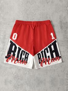 ROMWE MEN Street Life Celana Pendek Pria Kasual Serbaguna untuk Perjalanan Sehari-hari dengan Tali Serut dan Motif Huruf & Angka - Red and White - View 2