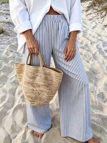 Vaclyn Women's Casual Vacation Style Striped Wide Leg Loose Long Pants - Blue - View 5