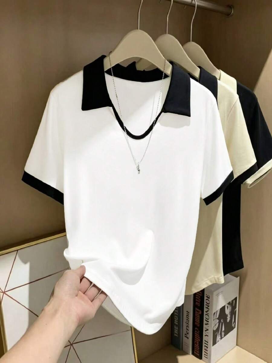 GlowEve CURVE 大尺碼女款拼色休閒百搭日常短袖T恤 - 黑與白 - 查看 1