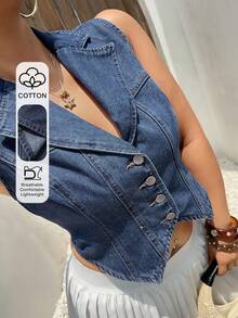 Dazy Plus Plus Size Denim Washed Cropped Sleeveless Vest Top Blogger Style For Spring Summer Holiday Navy Blue - Medium Wash - View 1