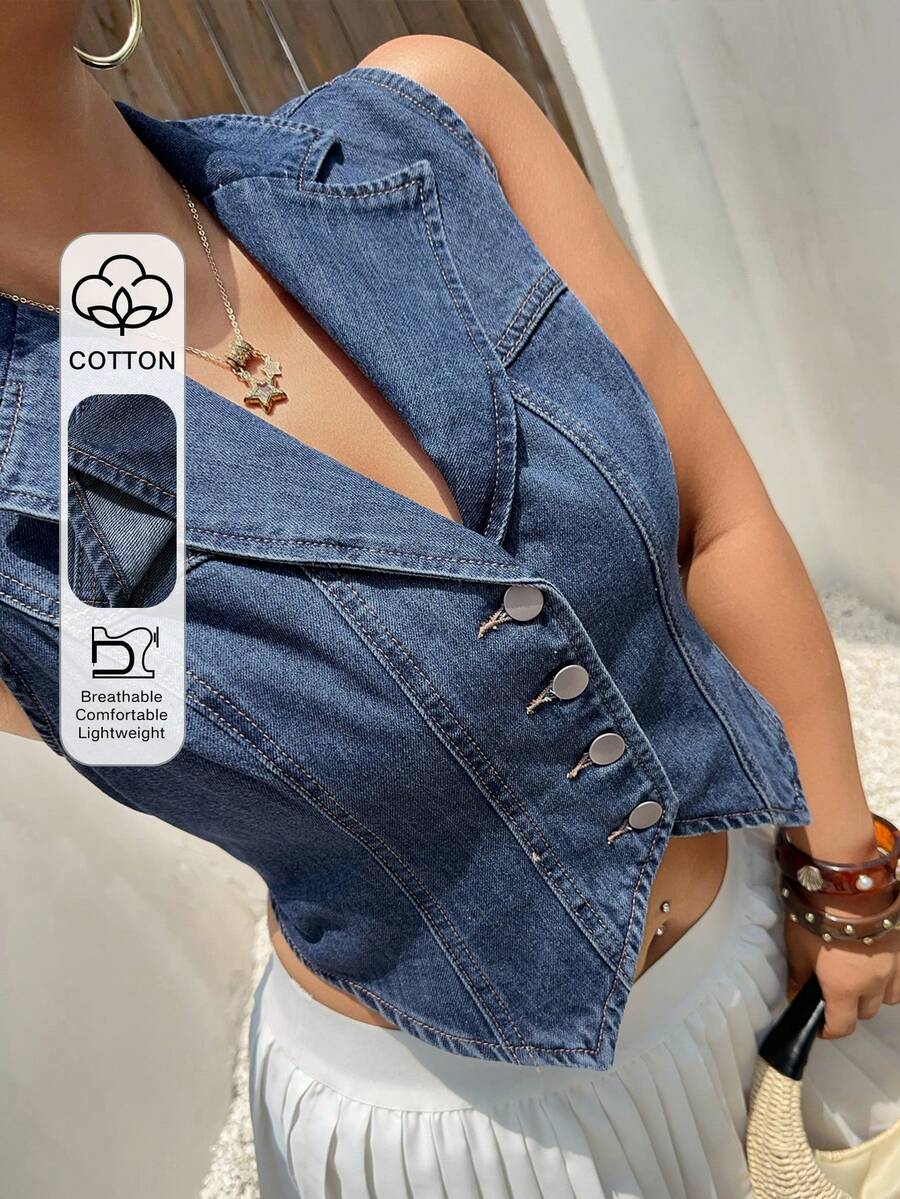 Dazy Plus Plus Size Denim Washed Cropped Sleeveless Vest Top Blogger Style For Spring Summer Holiday Navy Blue - Medium Wash - View 1