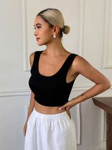 Livesso Wide Strap Backless Padded Short Solid Color Women's Sports Bra - Black - View 6