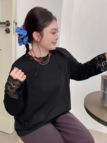 Dazy Plus 纯色拼接薄纱波点网眼宽松休闲百搭T恤 - 黑色 - 查看 3