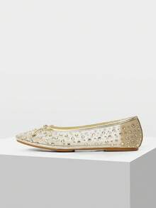 MOTF PREMIUM SEPATU BALET WANITA MUSIM SEMI DAN PANAS BARU DENGAN HIASAN BATU PERMATA, JARING, PITA, UJUNG BULAT, DAN SOL DATAR, GOLDEN FAIRY, SERBAGUNA, LEMBUT, ELEGAN, BAGIAN ATAS RENDAH, SEPATU KLASIK MEWAH YANG NYAMAN - Emas - View 3