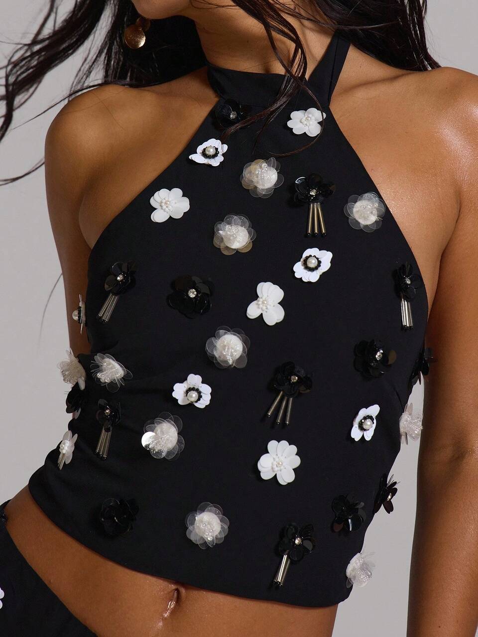 Embellished FlowerHalterneck TopOnly Summer Evening Elegant Vacation Girls Night Going Out Obsidian