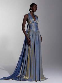 Elitara Elegant Romantic Fashion Shiny Organza Fabric Ruched Decor Halter Neck Large A-Line Elegant Party Dress Wedding Guest Dress Pink Dress Fashion Elegant Wedding Evening Gown Formal Dinner Dress - Dusty Blue - View 7