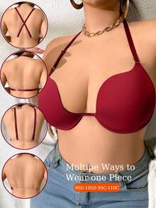 DesireSculpt Plus Size Solid Color Halter Backless Sexy Bra, Suitable For Daily Wear - Burgundy - View 5