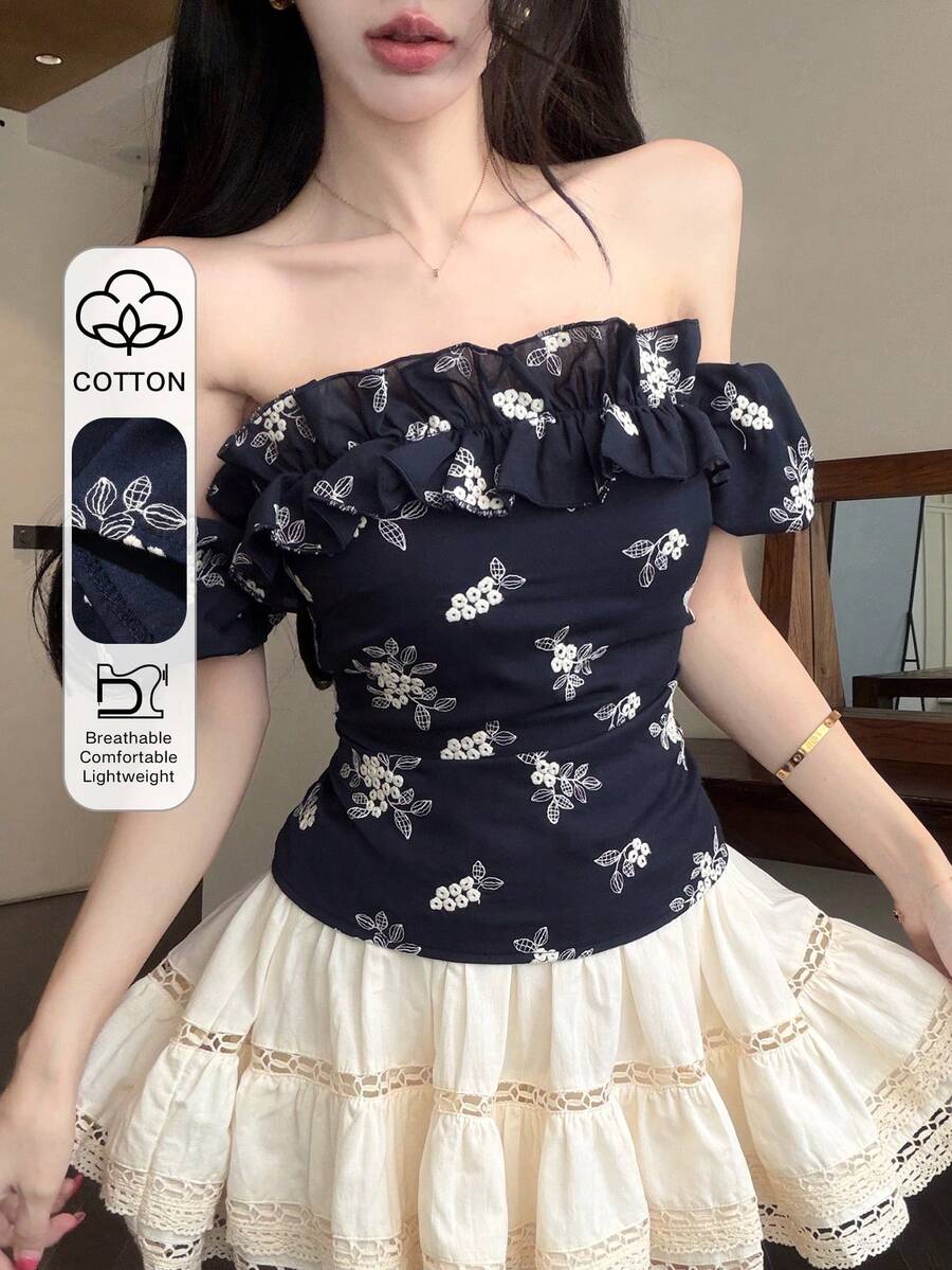 DAZY 夏季辣妹碎花露肩休閒度假婚禮宴會修身優雅短袖女款襯衫海軍藍碎花上衣 - 藏蓝色 - 查看 1