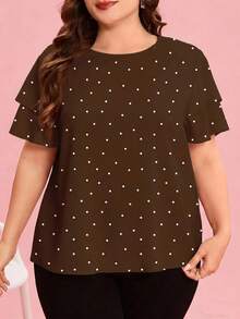 Reflora Plus Size Women's Solid Color Polka Dot Print Round Neck Double Layer Ruffle Sleeve Short Sleeve Blouse - Brown - View 5