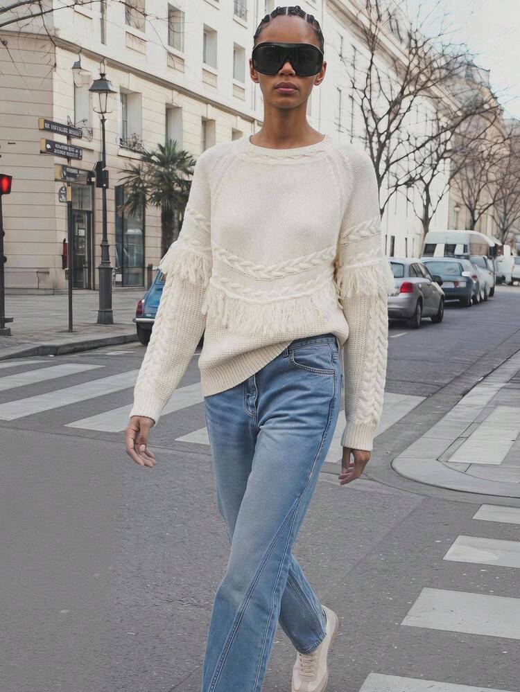 SHEIN Maija Women's Boho Tasseled Details Crew Neck Pullover Long Sleeve Sweater, Spring In Fall/Winter