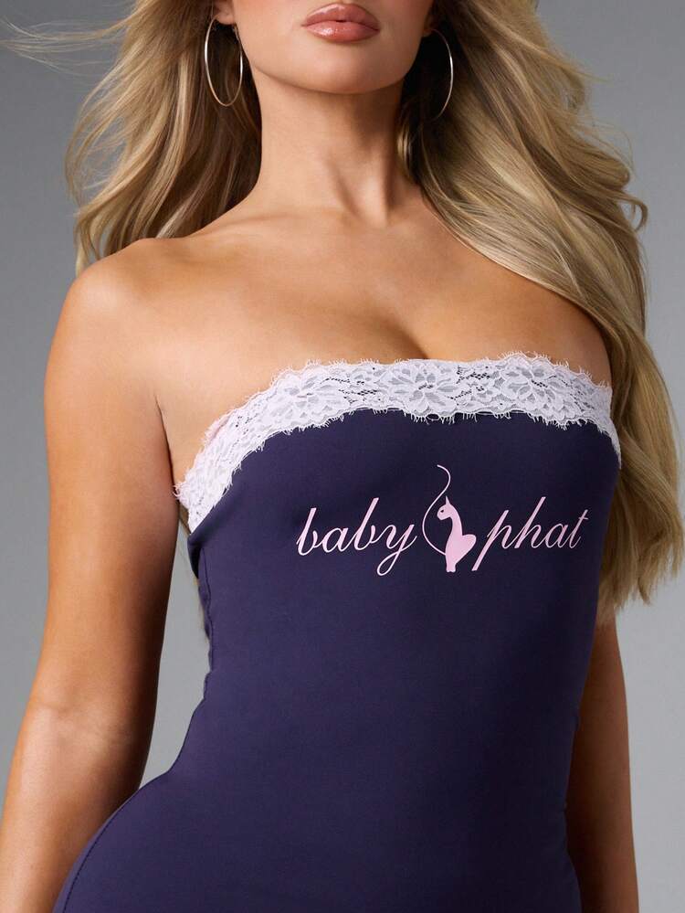 BABYPHAT Robe mini bandeau sans bretelles avec logo et bordure en dentelle, robe de club et de soirée en jersey