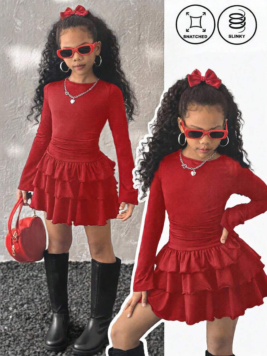 Coolane Kids Gaun Hitam Lengan Panjang Elegan Warna Polos dengan Hiasan Rumbai untuk Remaja Perempuan Musim Panas/Semi, Gaun Musim Gugur & Musim Dingin untuk Paduan Busana Merah, Pakaian Remaja Perempuan, Pakaian Y2k - Merah - View 1