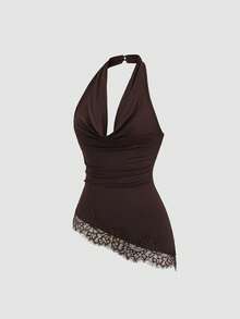 Sweetra Swing Neck Contrast Lace Trim Top, Waist Cinching Design, Daily Wear Date Night Club Outings Halloween Dark Brown Summer Sexy - Coffee Brown - View 6
