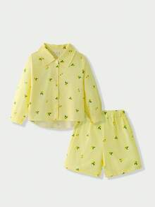 SHEIN Casuvi Kids 2件組少女拼接對比色不對稱領長袖條紋後背蝴蝶結裝飾上衣與拼接條紋長褲，學院休閒風，適合四季穿著 - 黃色 - 查看 6