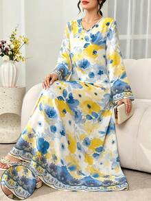 SHEIN Najma 藍黃水彩花卉與幾何仿刺繡蕾絲印花女款時尚V領長袖花卉洋裝，白色底花卉圖案優雅長裙，舒適春夏季女裝 - 彩色 - 查看 1
