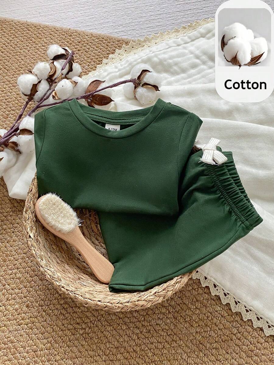 PrepCrw 2pcs Baby Boy/Girl Dark Green Summer Casual Work Soft Elastic Knit Crew Neck Short Sleeve Top And Pants Set,Decorative Embroidered Outing Vacation - Green - View 1