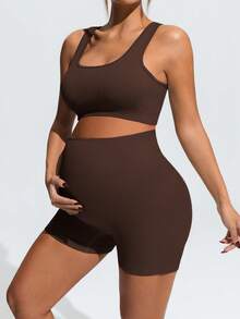 SHEIN Maternity Solid Color Top And Adjustable Shorts Casual Daily Sports Set - Coffee Brown - View 10