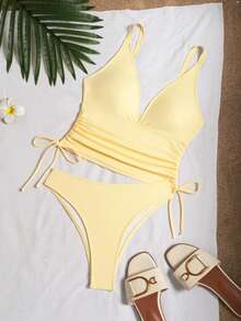 Swim SXY 女款 2 件組多色豹紋深 V 領雙肩帶抓皺休閒海灘比基尼泳衣套裝 - 淡黃色 - 查看 4