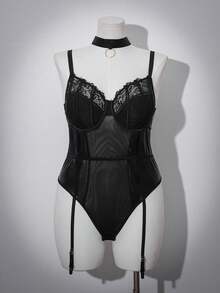 AltCore Lace Patchwork PU Leather Plus Size Fashion Pioneer Sexy Lingerie With Underwire 2pcs Set[Plus Size Bodysuit + Choker] - Black - View 1