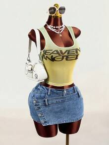 BamGleam Women's Letter Print Slim Fit Versatile Daily Outing Vacation Top Green And Yellow Summer Street Wear 2000s Y2k Night - Yellow - View 1