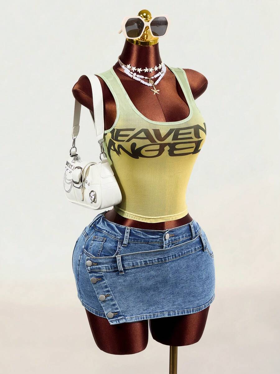 BamGleam Women's Letter Print Slim Fit Versatile Daily Outing Vacation Top Green And Yellow Summer Street Wear 2000s Y2k Night - Yellow - View 1