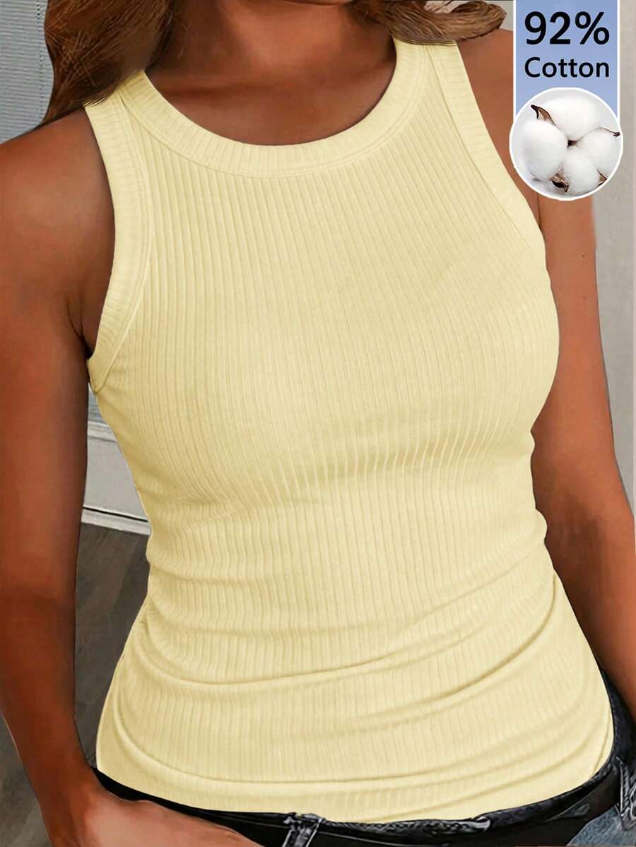 Slaydiva 92% Cotton Ribbed Tank Top Plus Size Casual Basic Fitted Yellow Round Neck Off Shoulder Vest - Yellow - View 1