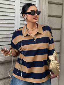 Dazy Plus 女款大尺碼休閒夏季拼接撞色條紋寬鬆 Polo 領中袖 T恤 - 卡其色 - 查看 2