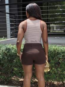 Steph T Women's Summer New Textured Striped Cropped Fitted Round Neck Tank Top - Brown - View 2
