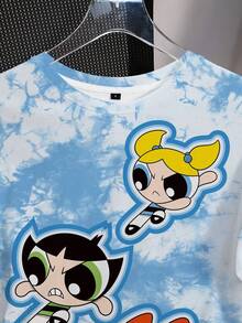 THE POWERPUFF GIRLS X SHEIN T-shirt d'été décontracté grande taille avec imprimé tie-dye et dessin animé - Blanc - Voir 4