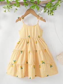 SHEIN Elladie kids 女童休閒黃色檸檬格紋印花蝴蝶結肩帶蛋糕裙，幼童夏季洋裝，可愛休閒舒適甜美優雅套裝，適合日常上學、出遊、度假、派對、海灘玩耍、假日春夏季穿著，柔軟面料 - 黃色 - 查看 2
