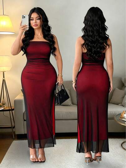SHEIN Clasi Vestido de noche para mujer talla grande, nuevo de verano, color burdeos, sin tirantes, minimalista, sexy y maduro, con cintura ceñida, plisado, efecto adelgazante, ajustado y con abertura. Adecuado para bailar en discotecas y fiestas de cumpleaños.