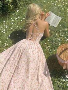 SHEIN MOD Backless Lace-Up Fitted Floral Midi Dress - Pink - View 1