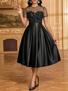 SHEIN Lady Women's Slim Fit Tulle Patchwork Polka Dot Pattern High Waist Midi Dress Suitable For Parties - Black - View 1