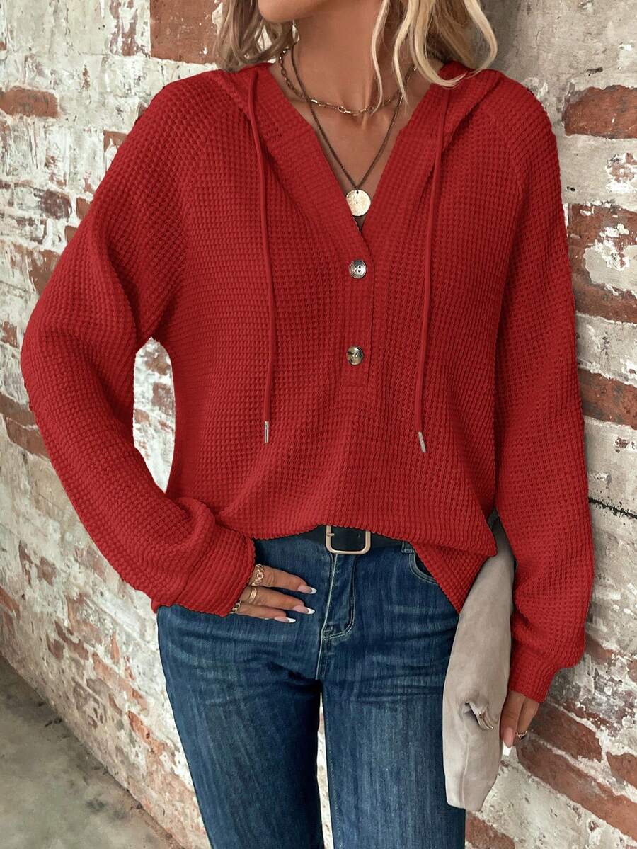 SHEIN Clasi Sudadera casual versátil de uso diario con capucha y cordón de unicolor para mujer talla grande - Rojo - Ver 1