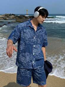 DAZY Floral Jacquard Design Short Sleeve Shirt Paired With Shorts Denim Suit For Men Summer - Blue - View 7