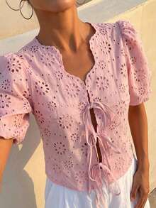 DAZY Textured Embroidered Jacquard Fabric Short Tie Bow Princess Sleeve Elegant Boho Vacation Summer Blouse Women's Shirt Brunch Pink Floral - Pink - View 5