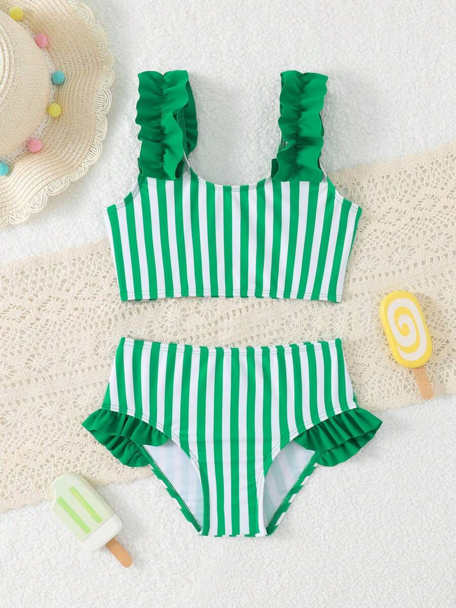 SHEIN Young Girl Spaghetti Strap Striped Vacation Style Bikini Set - Green - View 1