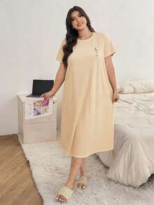 Dazy Plus Solid Color Casual Letter Print Round Neck Straight Hem T-Shirt Loungewear Long Nightgown Summer Pajamas - Mustard Yellow - View 5