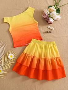 Tween Girl Gradient 2 Pieces Set. Vibrant Yellow-Orange Gradient Design, Beach, Outfits, Concert, Fitted, Chic, Leggings, Gym, Yoga, Casual, Y2K - Burnt Orange - View 3