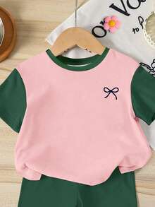 Set Baju Bayi Perempuan Gaya Korea Warna Pink & Hijau Segar, Atasan Lengan Pendek Leher Bulat Motif Pita Sederhana dengan Celana Pendek Ketat Warna Hijau Tua, Cocok untuk Musim Semi & Musim Panas, Jalan-jalan Sehari-hari, di Rumah & Luar Ruangan, Pesta, Serbaguna - MultiWarna - View 5