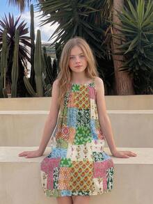 Dazy Kids Tween Girls Sleeveless Ditsy Floral Dress, Summer Vacation - Beige - View 4