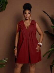 Maweii Plus Size Fashion Women's Summer Elegant Casual Comfortable All Cotton Ruched Deep V-Neck Jumpsuit - Burgundy - View 4