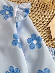 SHEIN Playful Pals 女嬰長袖圓領荷葉邊飾簡約休閒印花外套與長褲套裝 - 藍色 - 查看 7