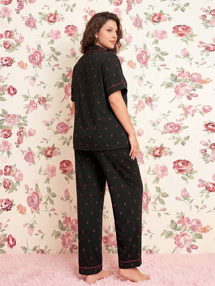 Elorette Plus Size Women Cherry Printed Loose And Comfortable Women's PJS, Home Wear Set For Spring, Bountiful Floral Splendor Cozy And Elegant Details - Black - View 2