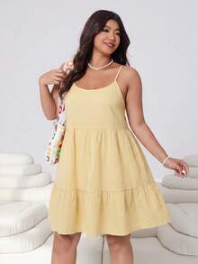 Solflare Butter Yellow Plus Size Women's Ruffle Hem Cami Dress Spring Summer Beach Vacation Casual - Apricot - View 6