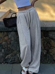 DAZY Women's Loose Pleated Solid Color Casual Sports Pants, Spring Fall Sweatpants - Grey - View 8