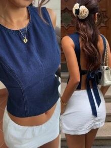 Livesso Summer Backless Lace-Up Tie Waist Vest Top, Spicy  Casual Everyday Banquet Ball Gown Evening Slim Fit Elegant Commuter Women's Denim Top Dark Blue - Dark Wash - View 9